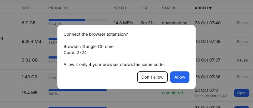 The program asks: Connect the browser extension? Browser: Google Chrome. Code: 2724. With Don't allow and Allow buttons.